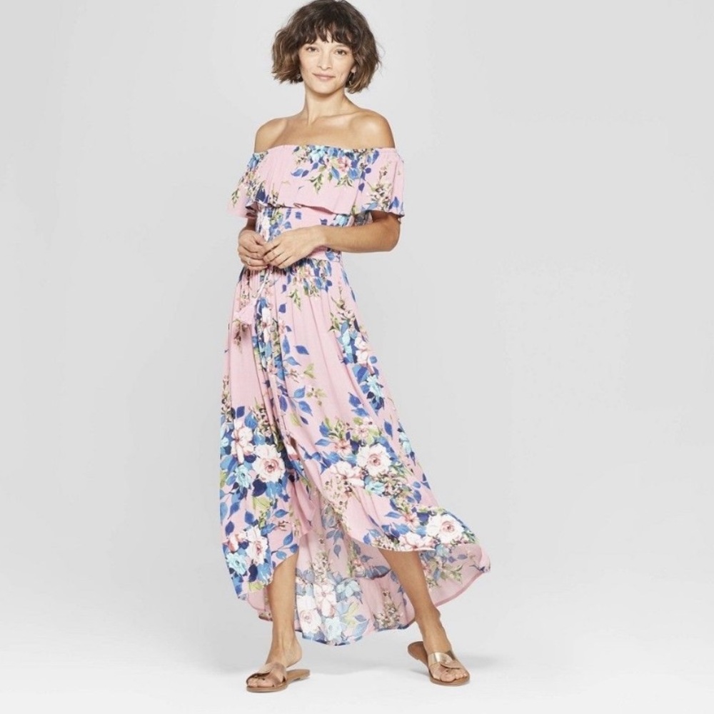 Pink floral long off the shoulder maxi dress
